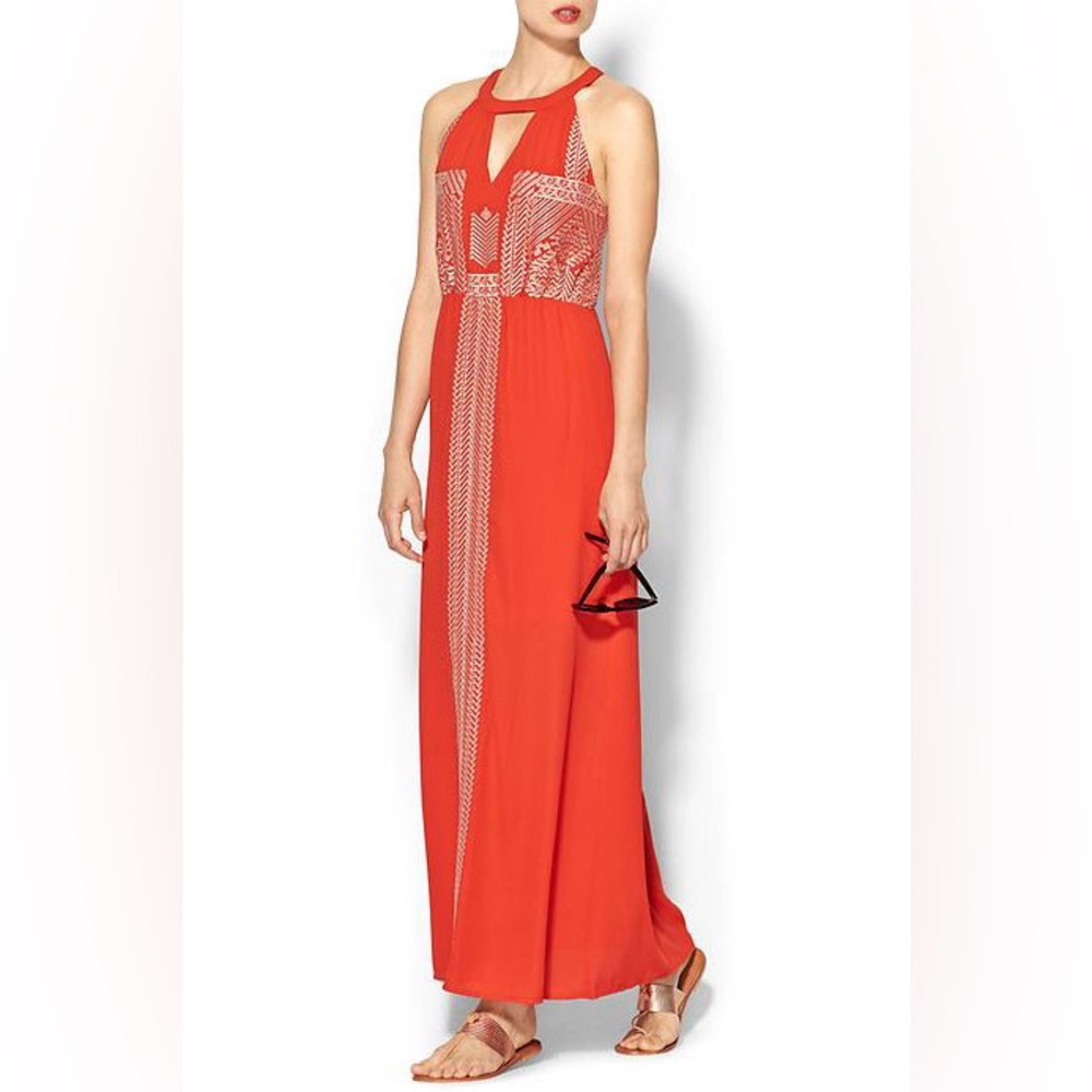 THML Size S Red Cut Out Halter Lined Maxi Dress with Off White Lace Detail